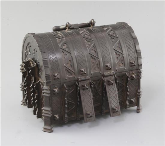A 19th century copy of a 16th century French iron casket, 9in.